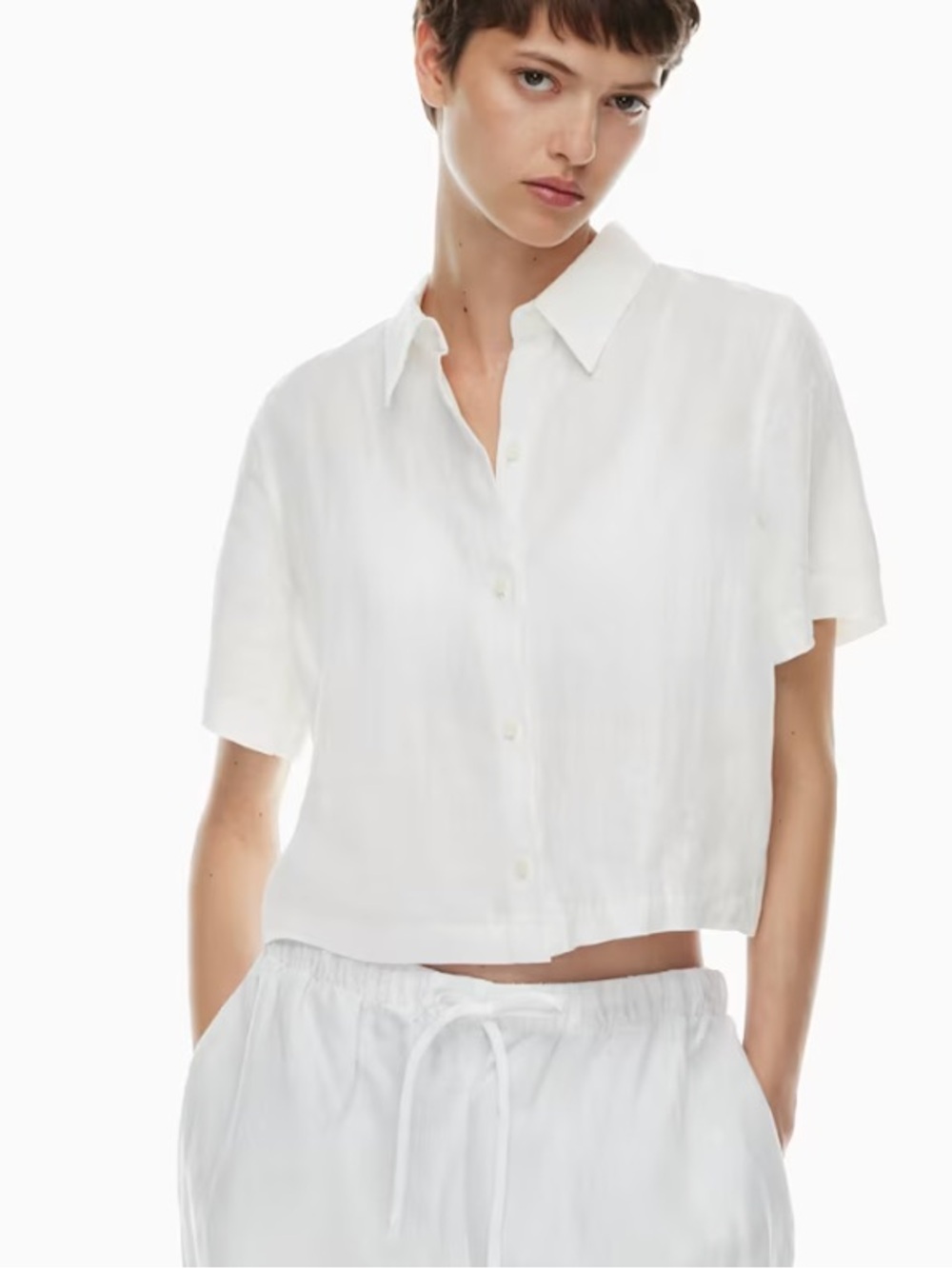 Aritzia Wilfred Cropped White Button-Up Linen Shirt